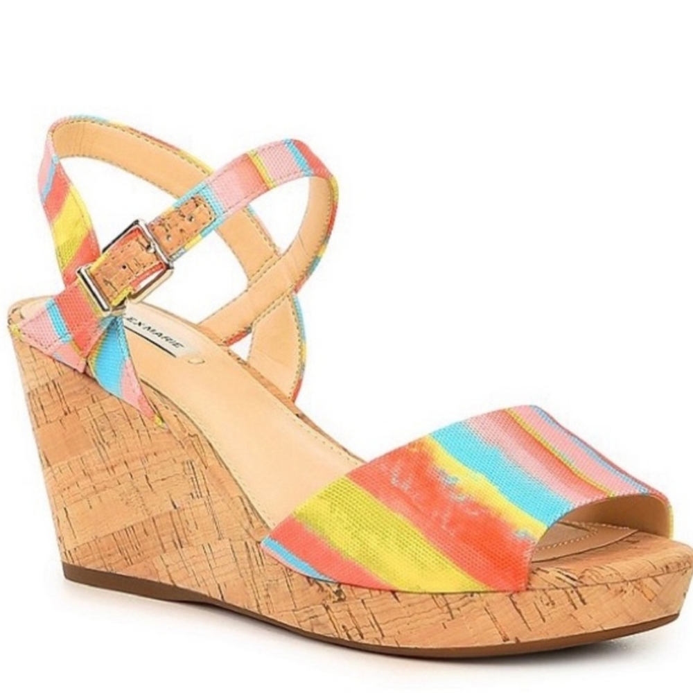 Alex Marie Claramir Rainbow Striped Cork Wedge 5.5